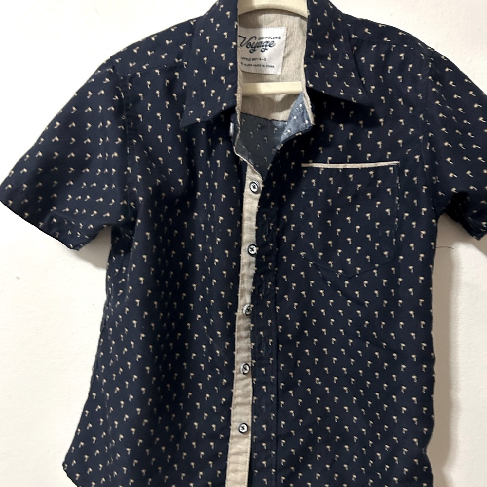 4-5 yr old, button up, navy blue with beige palm trees shirt